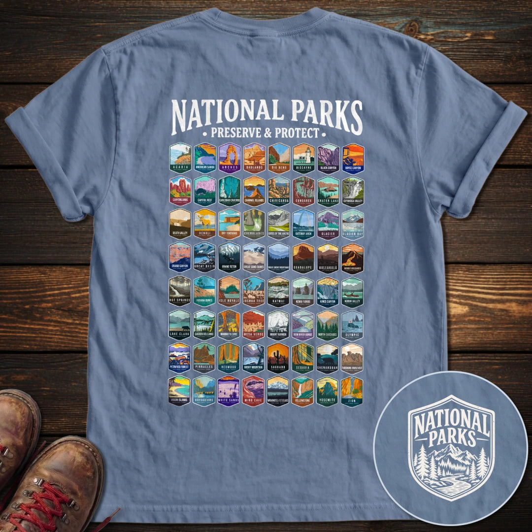 National Parks Preserve Protect 64 Parks Back Print T-Shirt