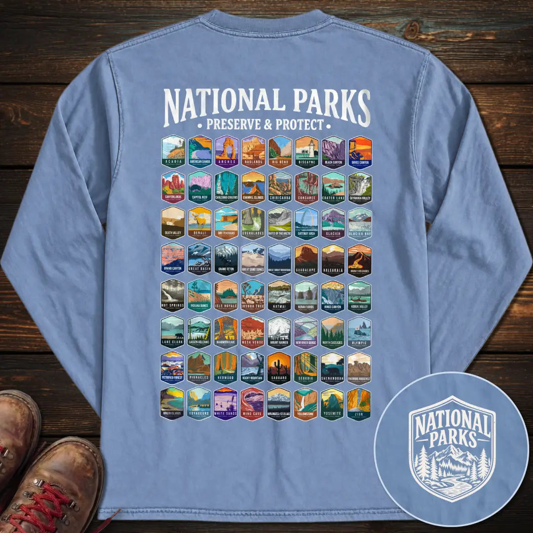 National Parks Preserve Protect 64 Parks Back Print Long Sleeve T-Shirt