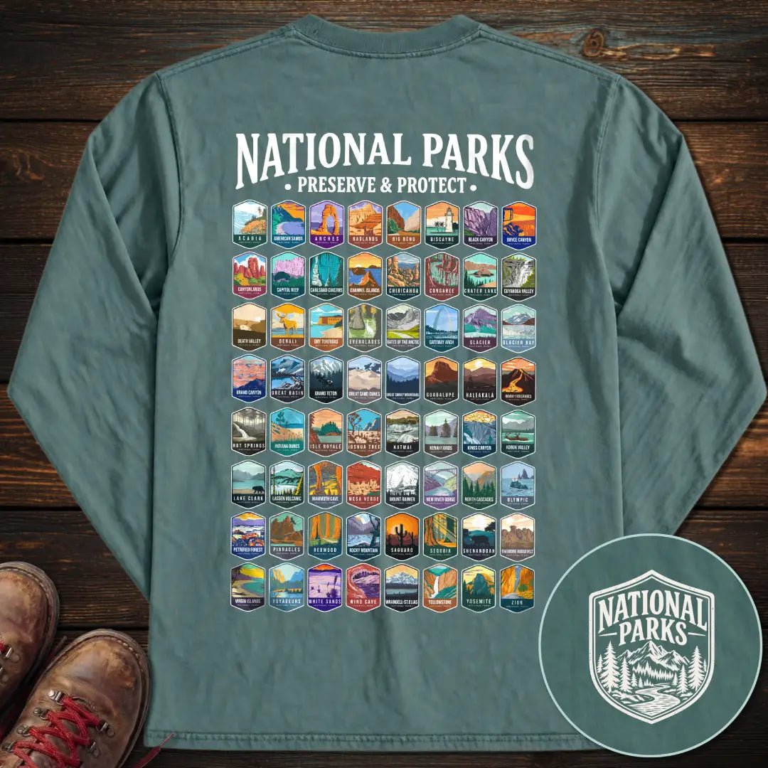 National Parks Preserve Protect 64 Parks Back Print Long Sleeve T-Shirt