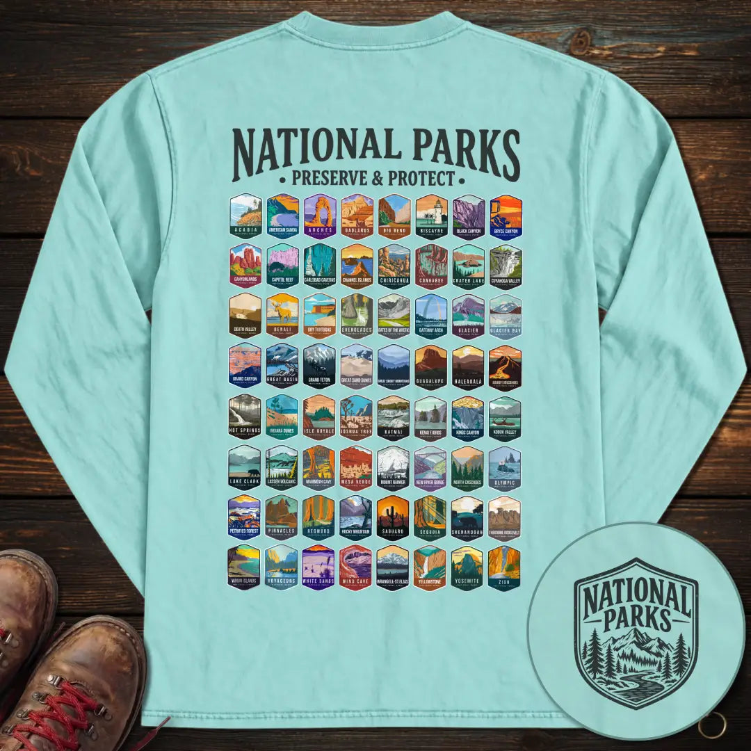 National Parks Preserve Protect 64 Parks Back Print Long Sleeve T-Shirt