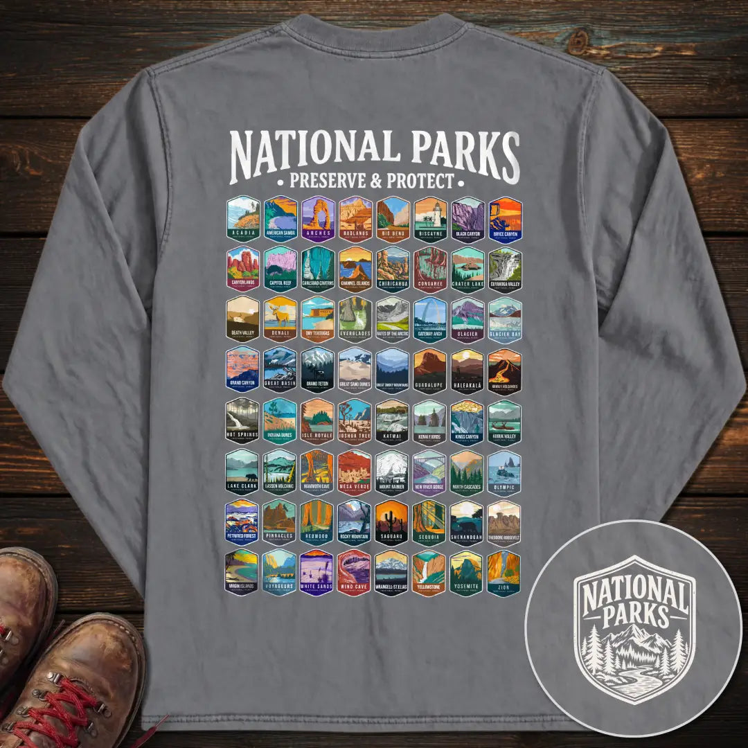National Parks Preserve Protect 64 Parks Back Print Long Sleeve T-Shirt