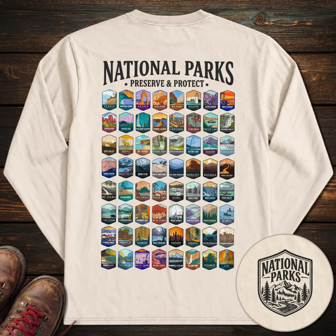 National Parks Preserve Protect 64 Parks Back Print Long Sleeve T-Shirt