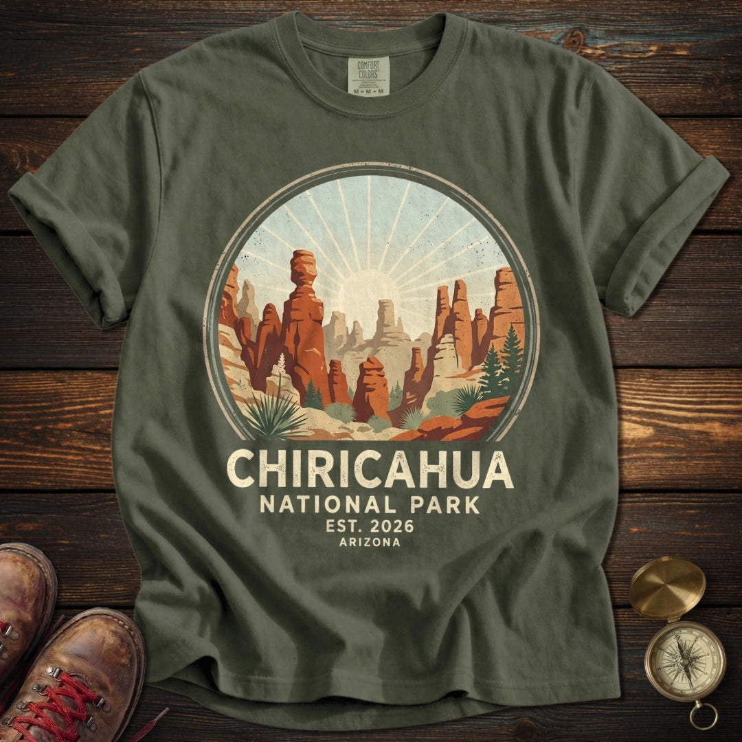 Chiricahua National Park Vintage Sunburst Hoodoos T-Shirt - Moss T-Shirt