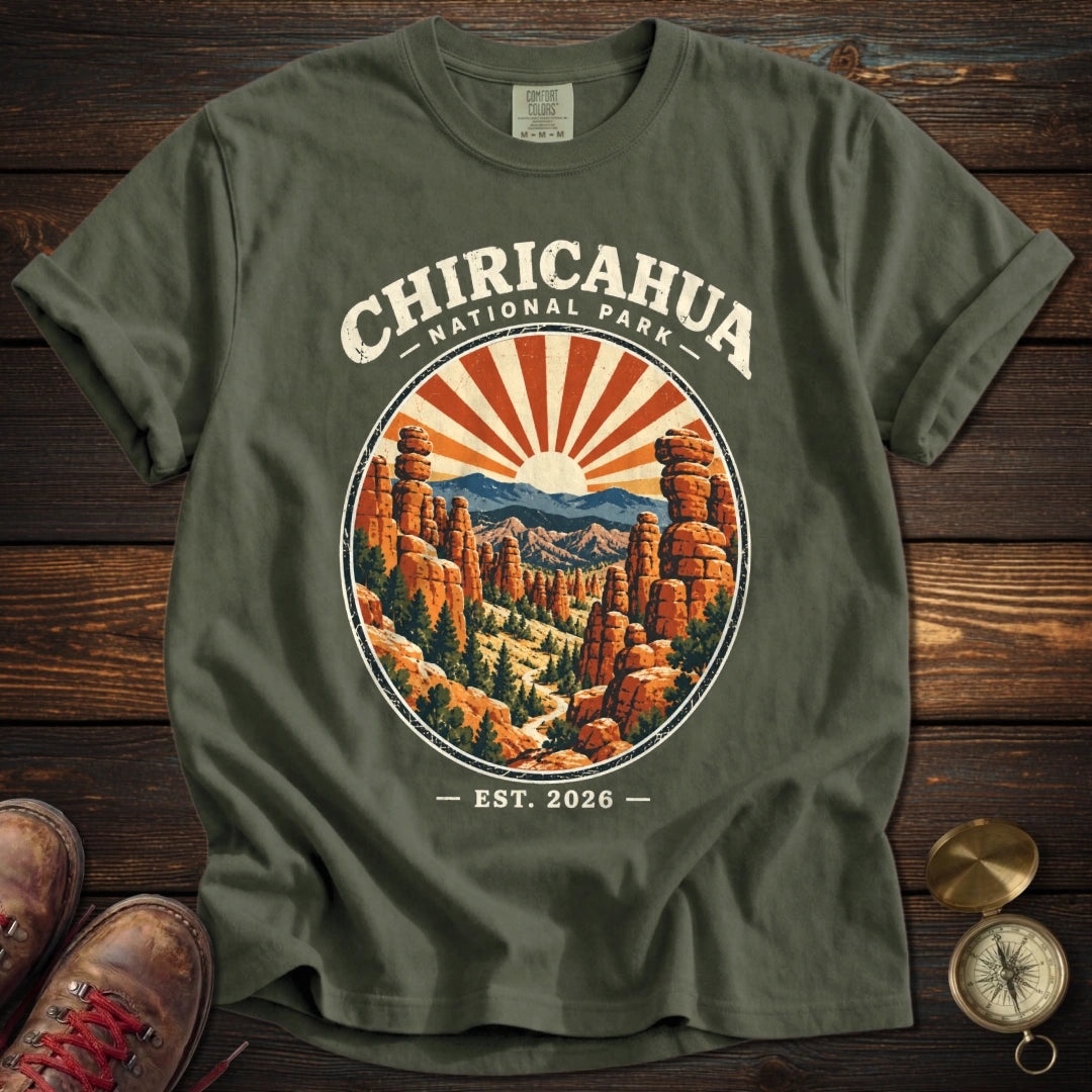 Chiricahua National Park Retro Sunburst Trail T-Shirt - Moss T-Shirt