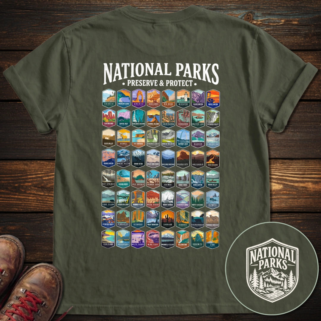 National Parks Preserve Protect 64 Parks Back Print T-Shirt