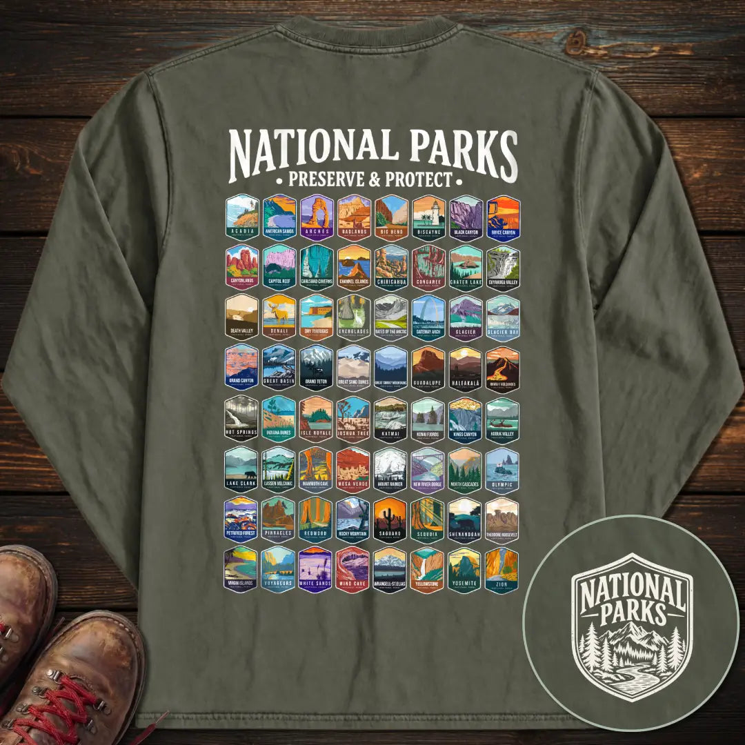 National Parks Preserve Protect 64 Parks Back Print Long Sleeve T-Shirt