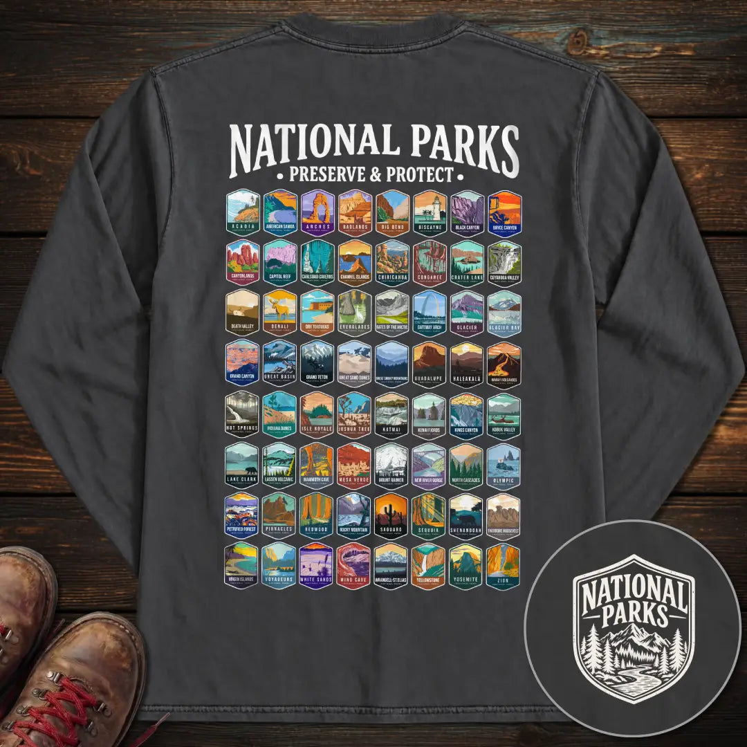 National Parks Preserve Protect 64 Parks Back Print Long Sleeve T-Shirt