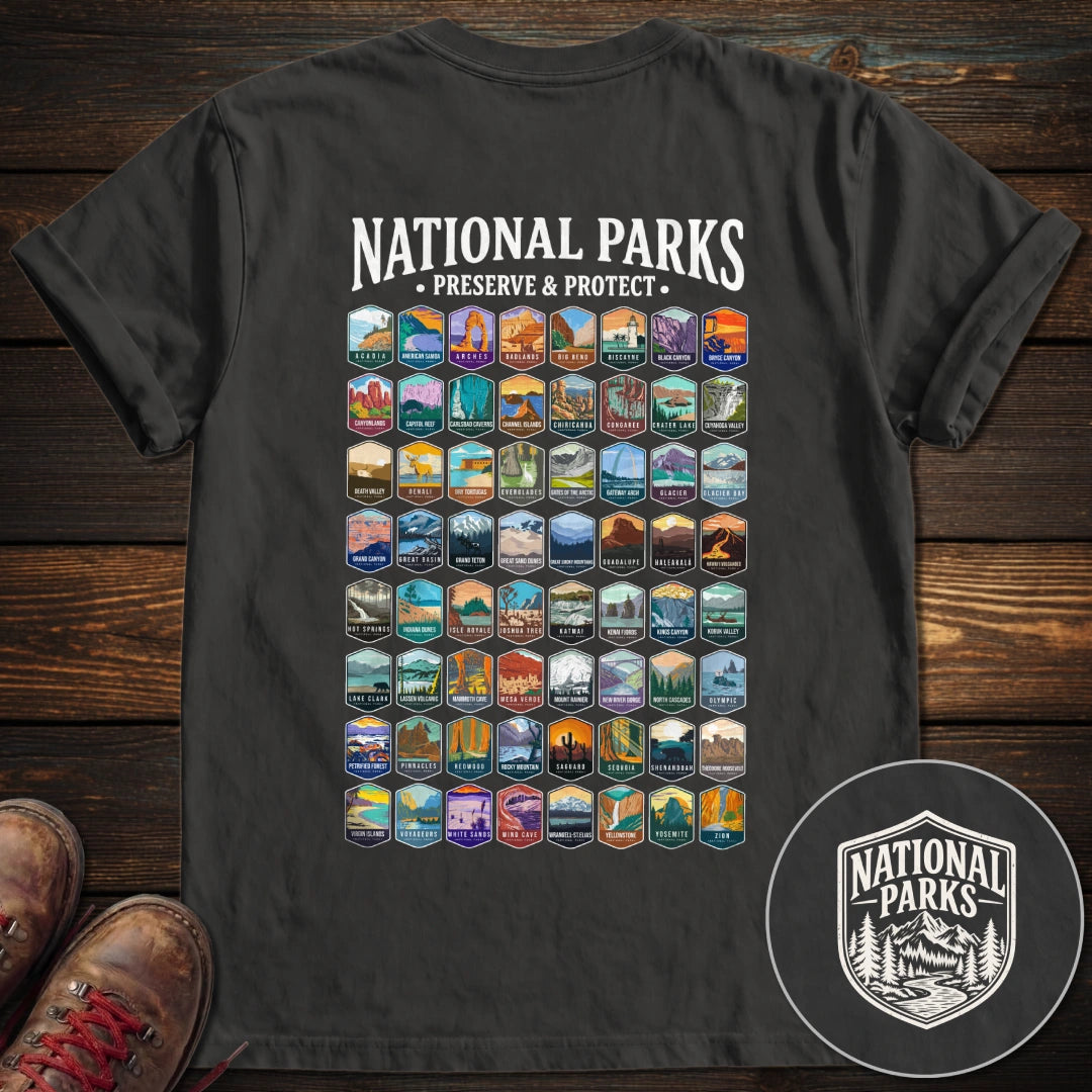 National Parks Preserve Protect 64 Parks Back Print T-Shirt