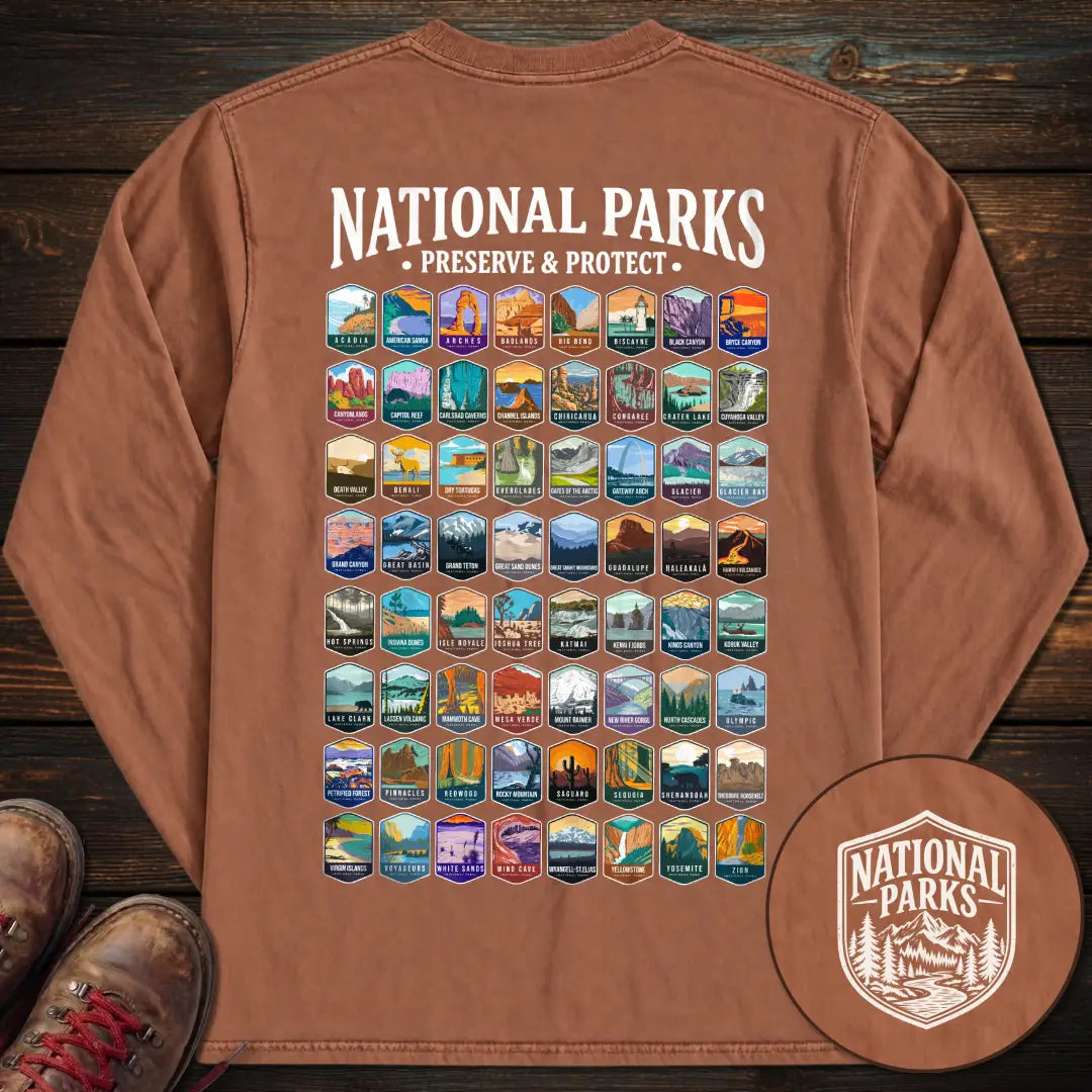 National Parks Preserve Protect 64 Parks Back Print Long Sleeve T-Shirt