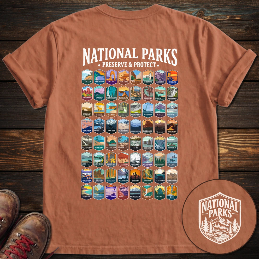 National Parks Preserve Protect 64 Parks Back Print T-Shirt